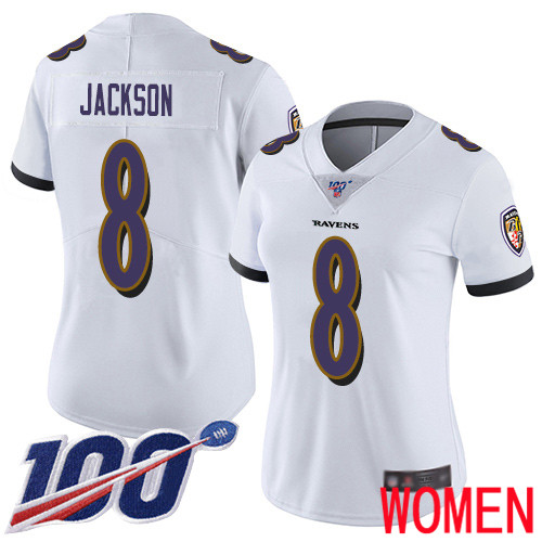 Baltimore Ravens Limited White Women Lamar Jackson Road Jersey NFL Football 8 100th Season Vapor Untouchable